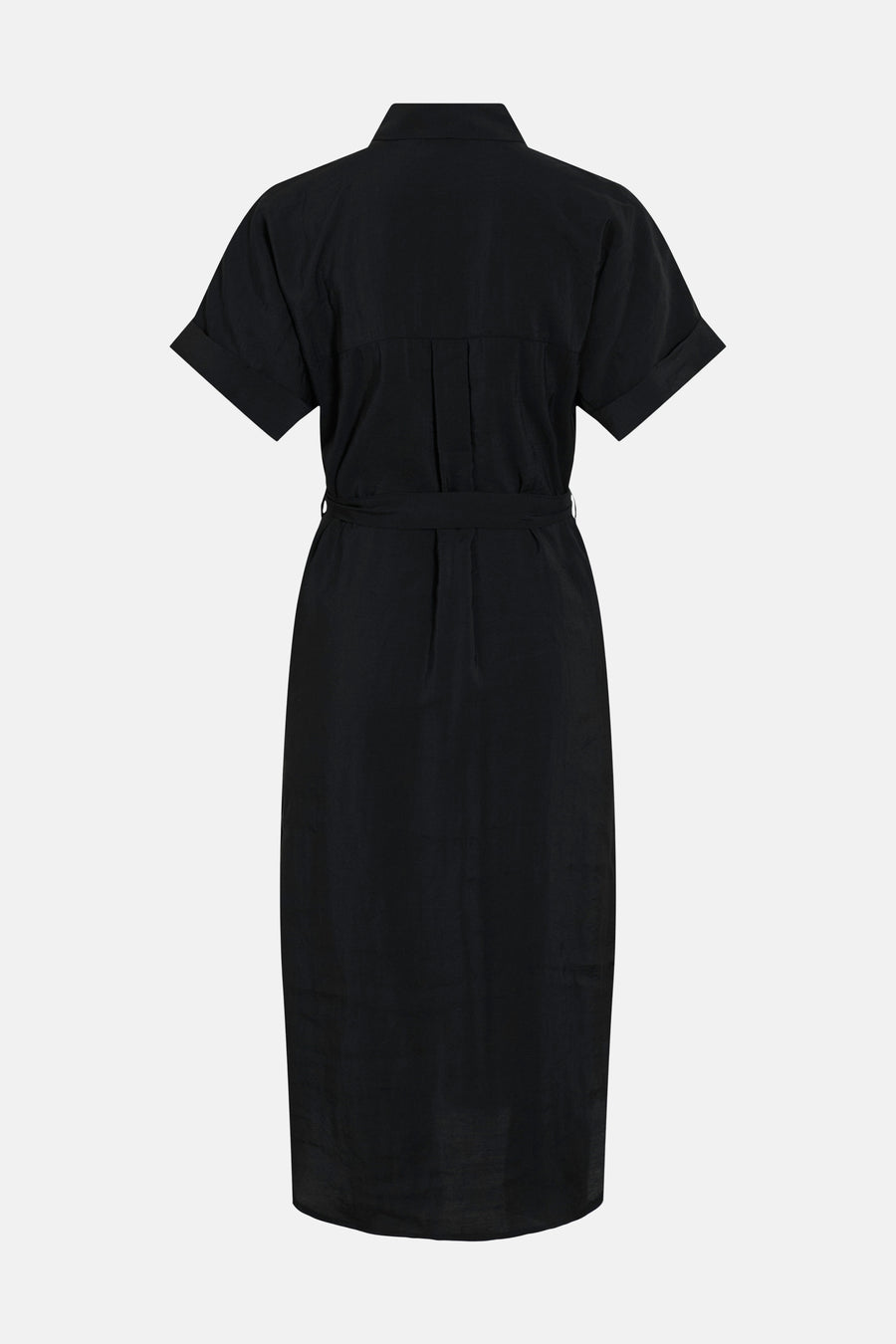 Zwarte jurk van VILA® met een ceintuur in de taille en korte mouwen met omslag.