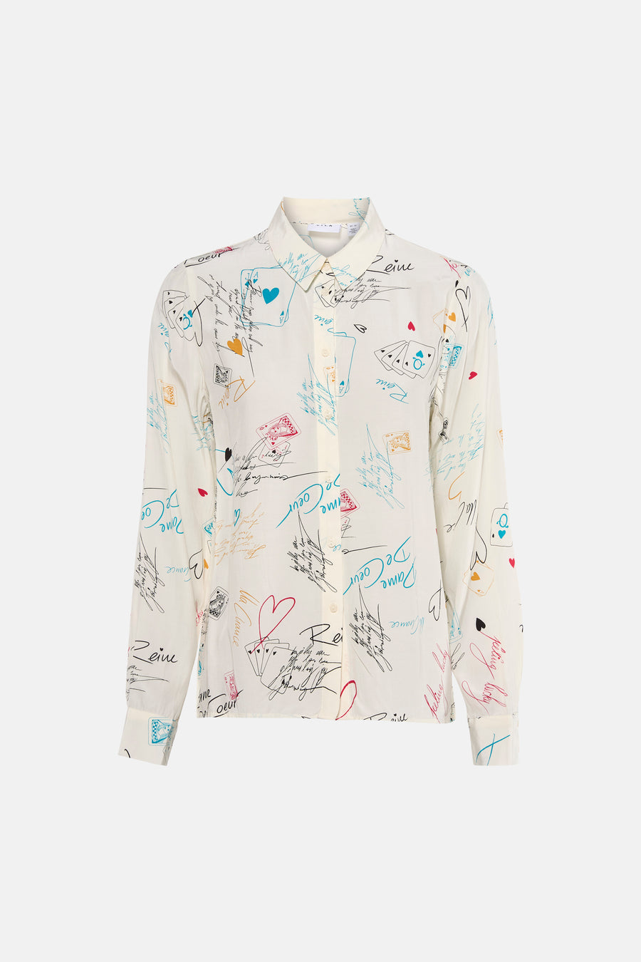 Chemise manches longues multicolore de VILA, avec motifs imprimés de cartes à jouer et d'écritures manuscrites.
