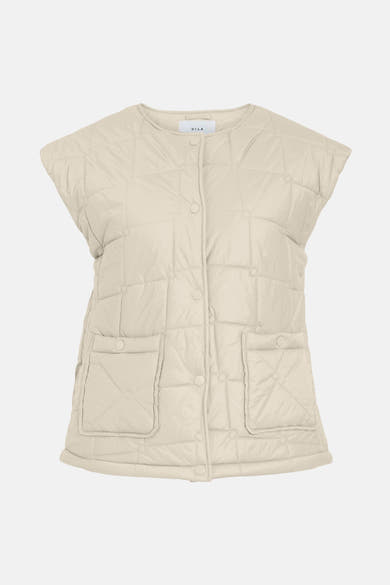 Beige mouwloos gewatteerd vest van VILA met opgestikte zakken en knoopsluiting.