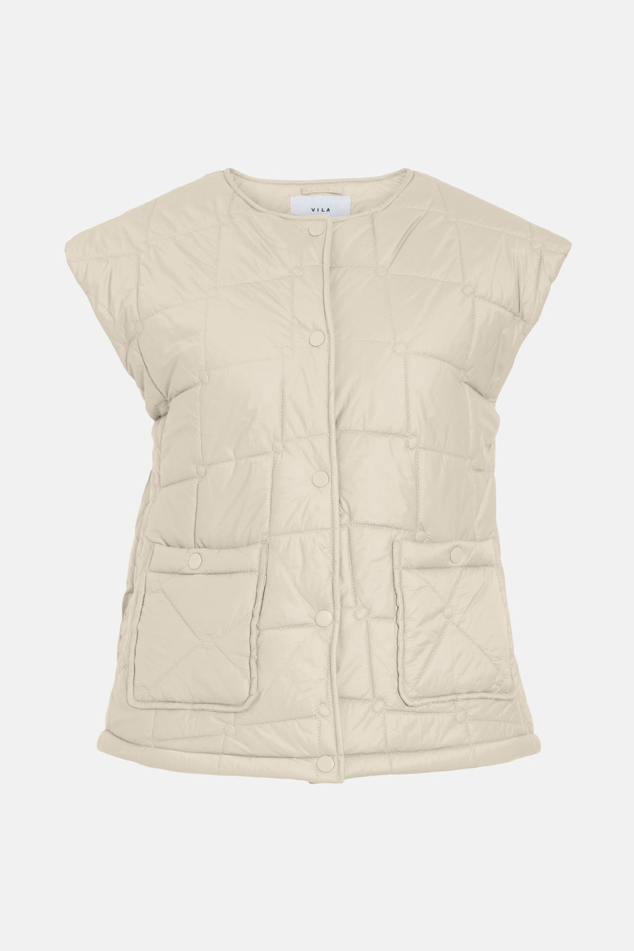 Beige mouwloos gewatteerd vest van VILA met opgestikte zakken en knoopsluiting.