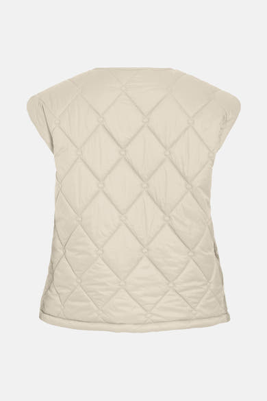 Beige mouwloos gewatteerd vest van VILA met ruitpatroon en zichtbare naden, van achteren gezien.