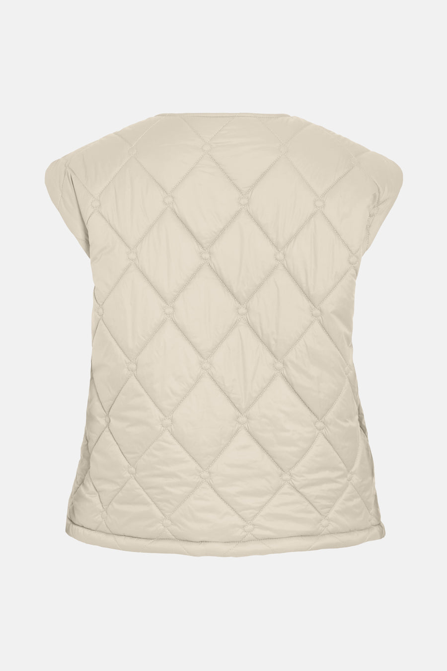 Beige mouwloos gewatteerd vest van VILA met ruitpatroon en zichtbare naden, van achteren gezien.
