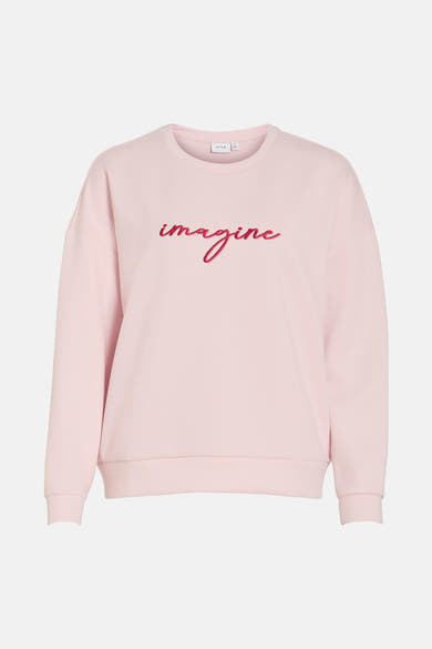 Roze sweatshirt met ronde hals van Vila, versierd met het woord "imagine" geborduurd in rode draad.