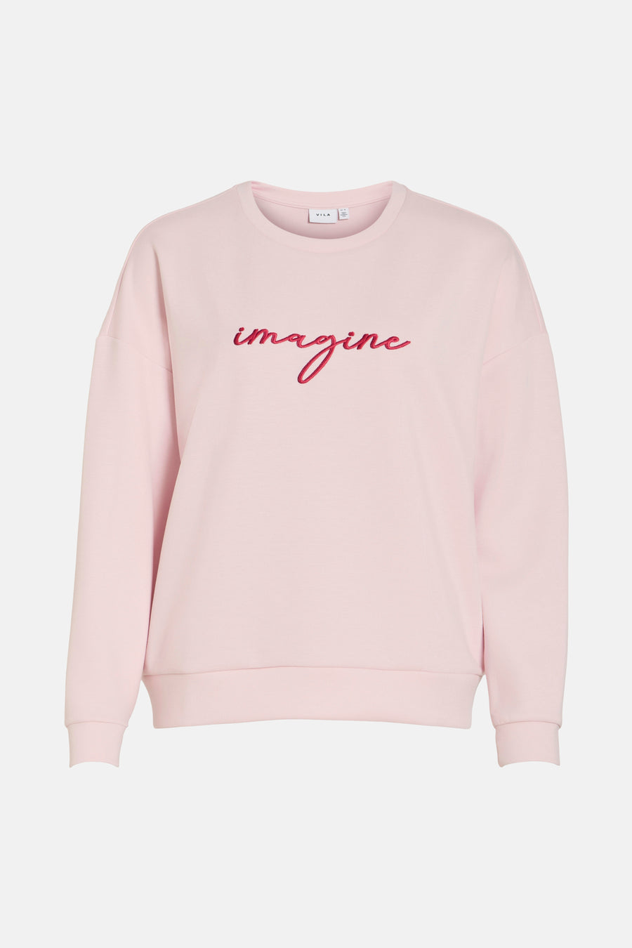 Roze sweatshirt met ronde hals van Vila, versierd met het woord "imagine" geborduurd in rode draad.