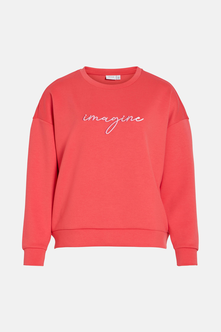 Oranje sweater van VILA®, met de tekst "imagine" in het wit op de voorkant geborduurd.