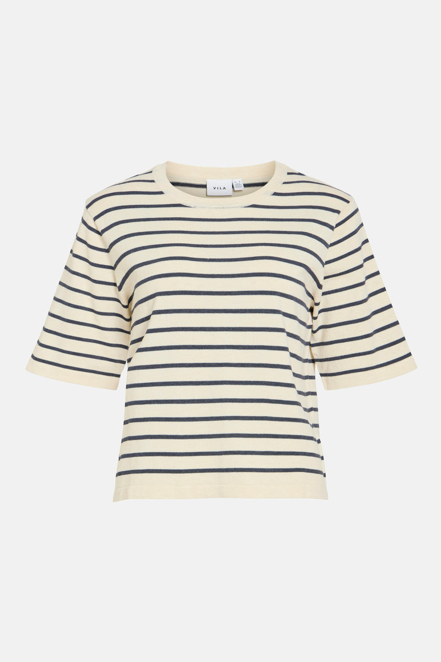 T-shirt beige à rayures, de VILA, avec des manches courtes.
