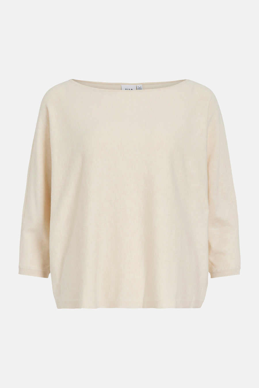 Pull à col rond beige de VILA, en maille fine, avec des manches trois-quarts.