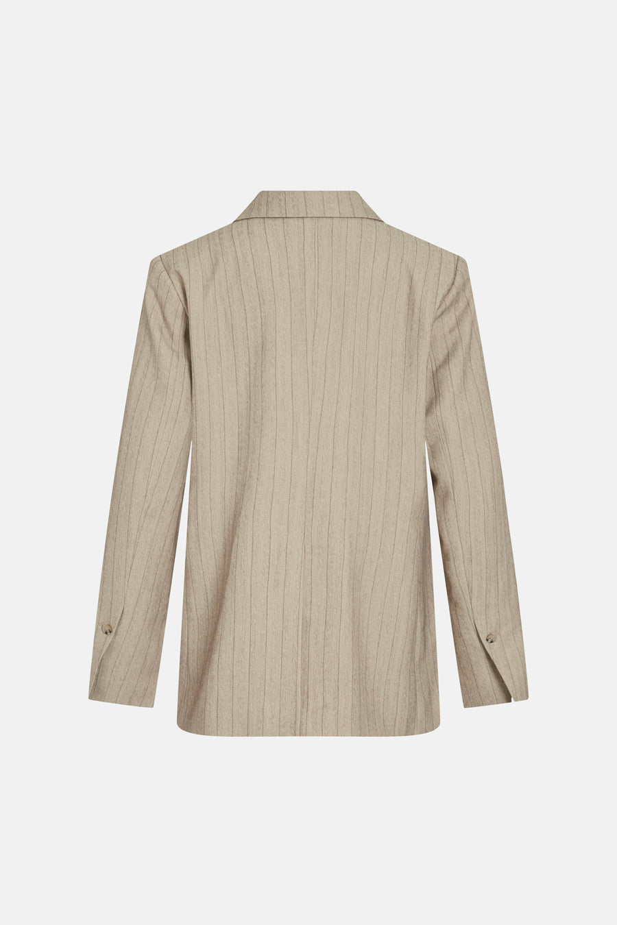 Beige gestreept colbert van ROUGE EDIT, met knopen op de manchetten, achterzicht.