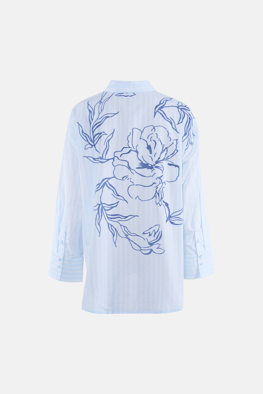 Chemise à manches longues bleue à rayures par VILA®, avec un grand motif floral sur le dos.
