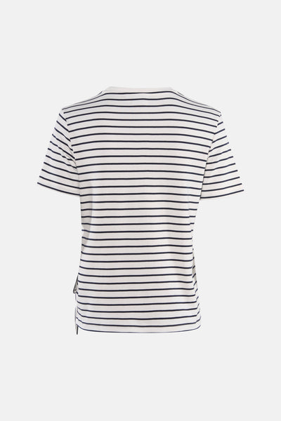 Wit T-shirt met korte mouwen van VILA®, marineblauwe strepen, rechte pasvorm, achterzijde.