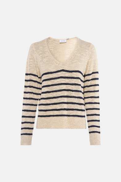 Pull à col en V multicolore de VILA, à rayures horizontales bleu marine sur fond beige.