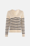 Pull à col en V multicolore de VILA, à rayures horizontales bleu marine sur fond beige.