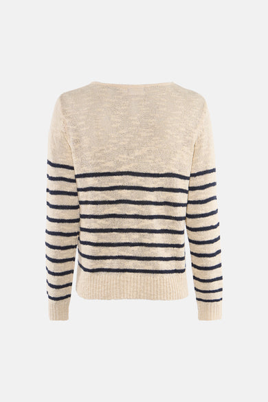 Pull à col en V multicolore de VILA®, à rayures horizontales bleu marine sur fond beige clair.
