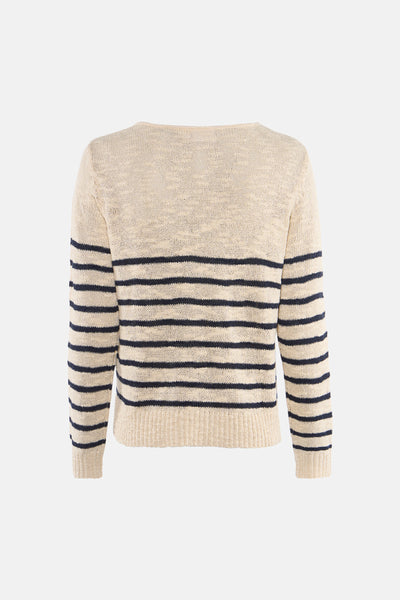 Pull à col en V multicolore de VILA®, à rayures horizontales bleu marine sur fond beige clair.
