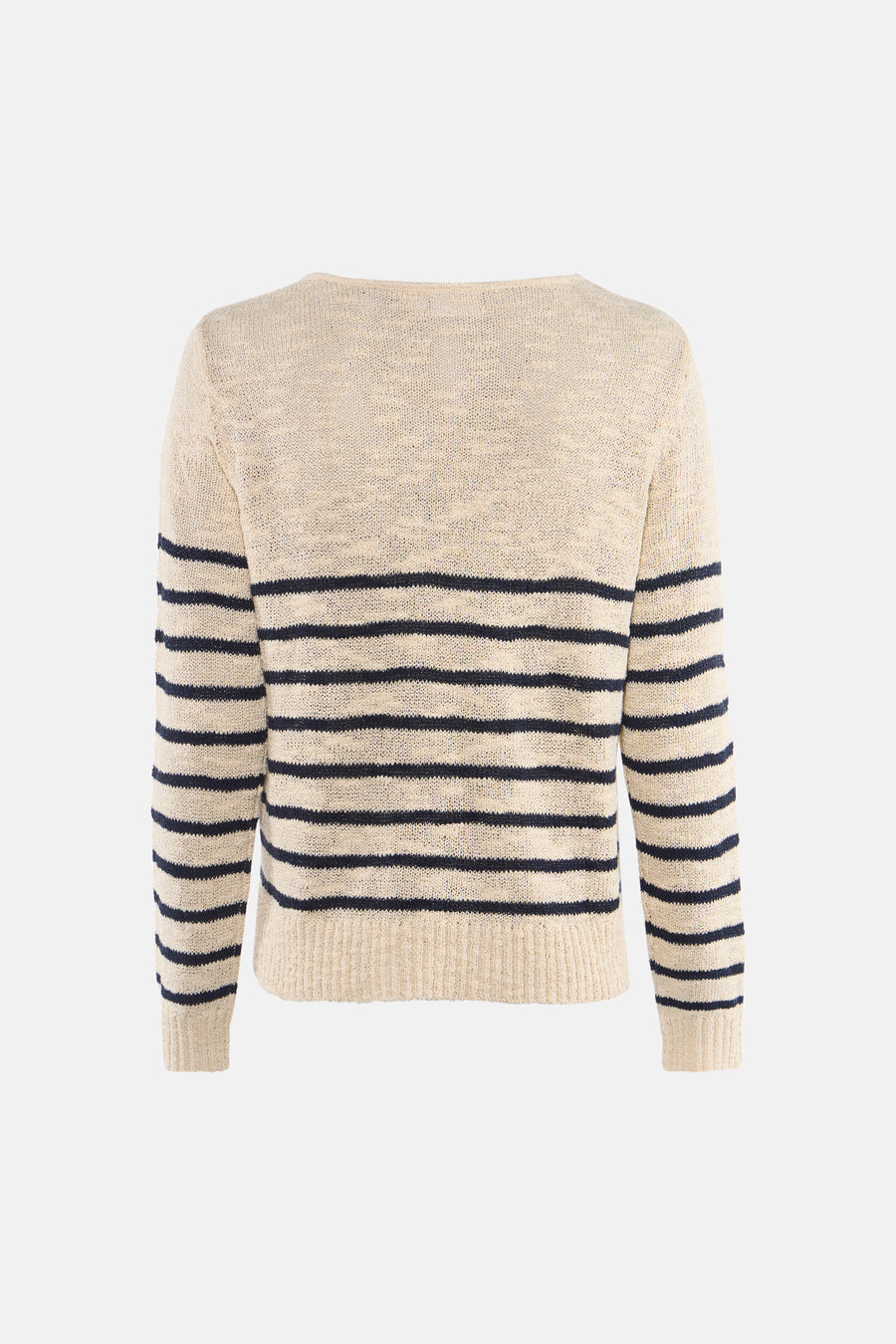 Pull à col en V multicolore de VILA®, à rayures horizontales bleu marine sur fond beige clair.
