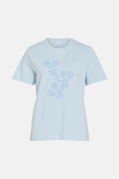 T-shirt bleu à manches courtes de VILA, orné d'un motif floral ton sur ton sur le devant.

