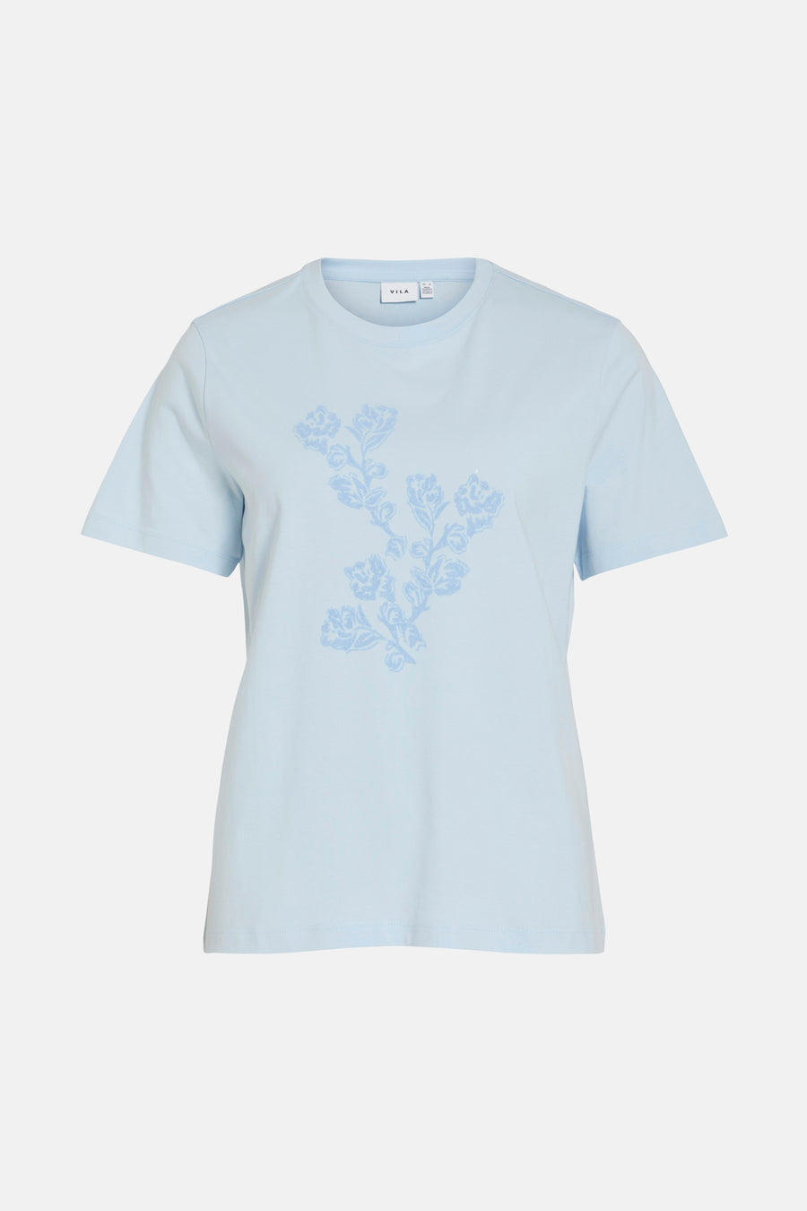 T-shirt bleu à manches courtes de VILA, orné d'un motif floral ton sur ton sur le devant.
