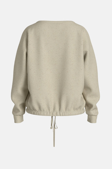 Beige rondehals sweatshirt van VILA, met trekkoord en gespikkeld textuur, achterzijde.