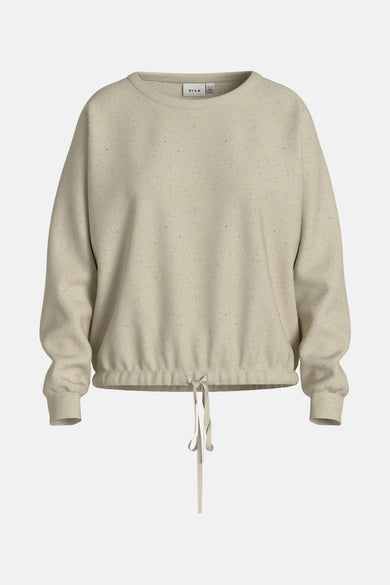 Beige ronde hals sweatshirt van VILA, met trekkoord en gemêleerd patroon op een neutrale achtergrond.