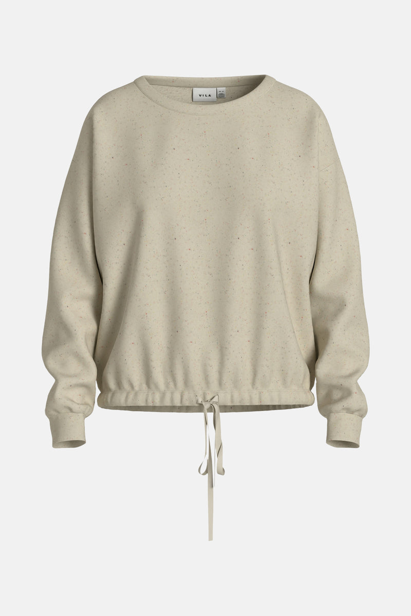 Beige ronde hals sweatshirt van VILA, met trekkoord en gemêleerd patroon op een neutrale achtergrond.