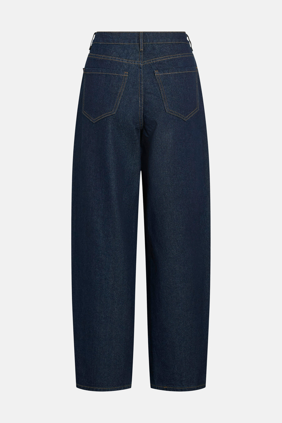 Wijde spijkerbroek in donkerblauw denim van VILA, achterkant met zakken en contrasterende stiksels.