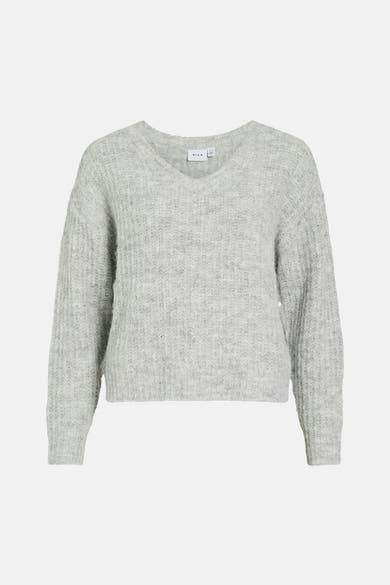 Medium grey melange V-neck sweater by VILA, soft textured knit, front view, ribbed cuffs and hem