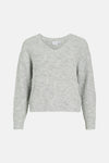 Medium grey melange V-neck sweater by VILA, soft textured knit, front view, ribbed cuffs and hem