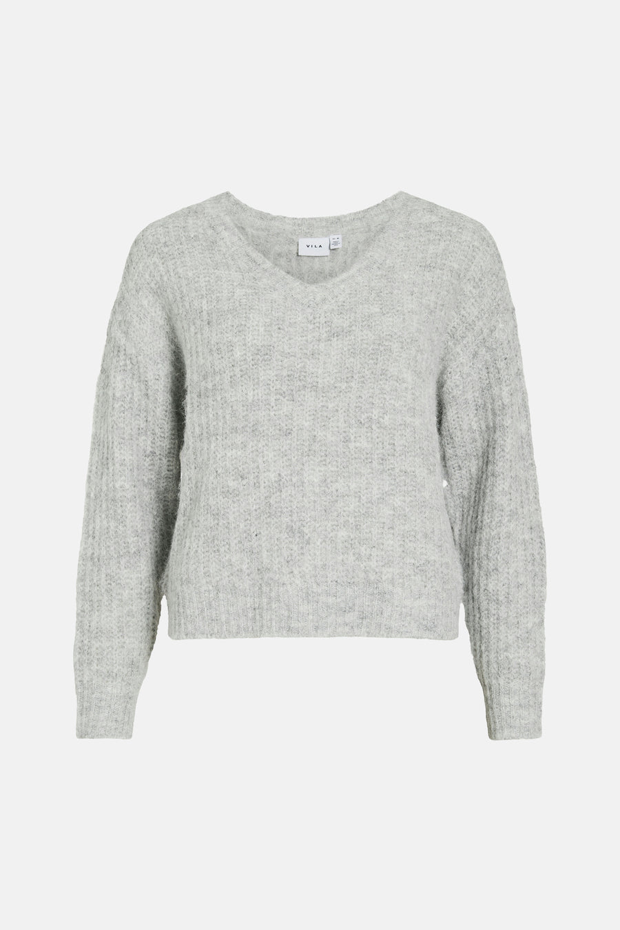 Medium grey melange V-neck sweater by VILA, soft textured knit, front view, ribbed cuffs and hem