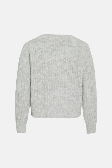 Medium grey melange V-neck sweater back view, soft textured knit with ribbed hem and cuffs