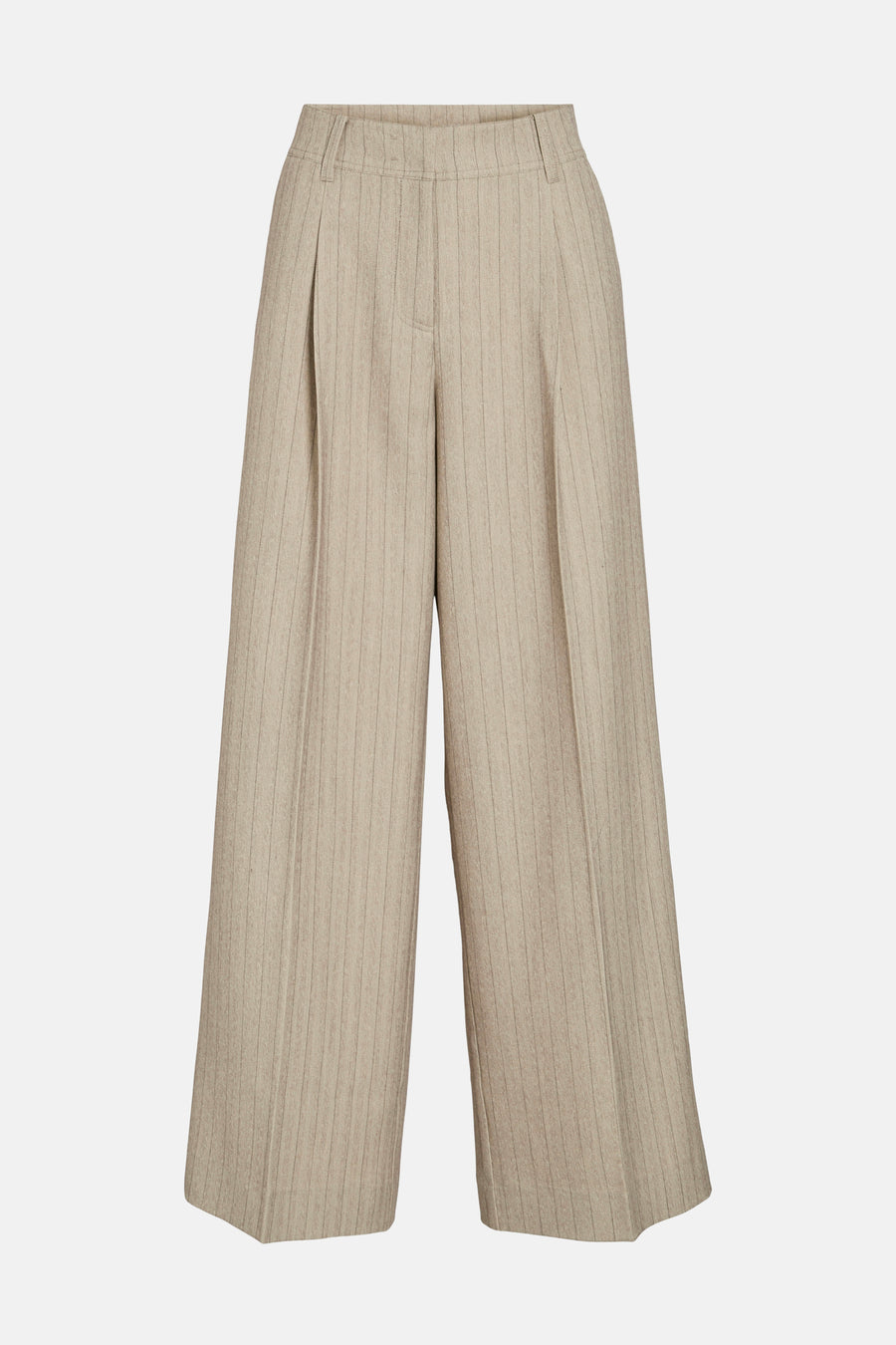 Pantalon de costume beige de ROUGE EDIT, avec des rayures verticales fines et une coupe ample.
