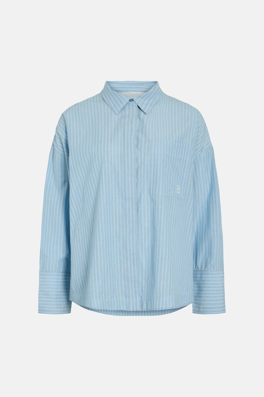 Chemise à manches longues bleue rayée de ROUGE EDIT, avec un col classique et des manches longues à poignets.
