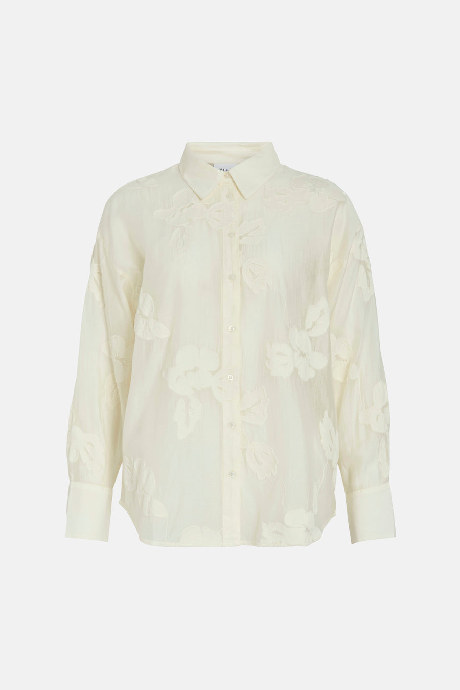 Chemisier beige à manches longues de VILA®, avec motif floral ton sur ton et fermeture boutonnée.