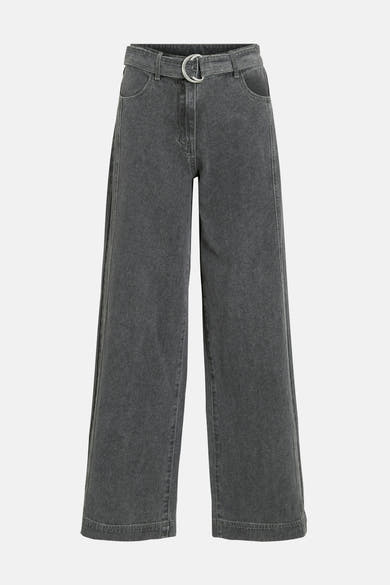 Jean gris à coupe large de ROUGE EDIT, avec ceinture intégrée et boucle argentée.
