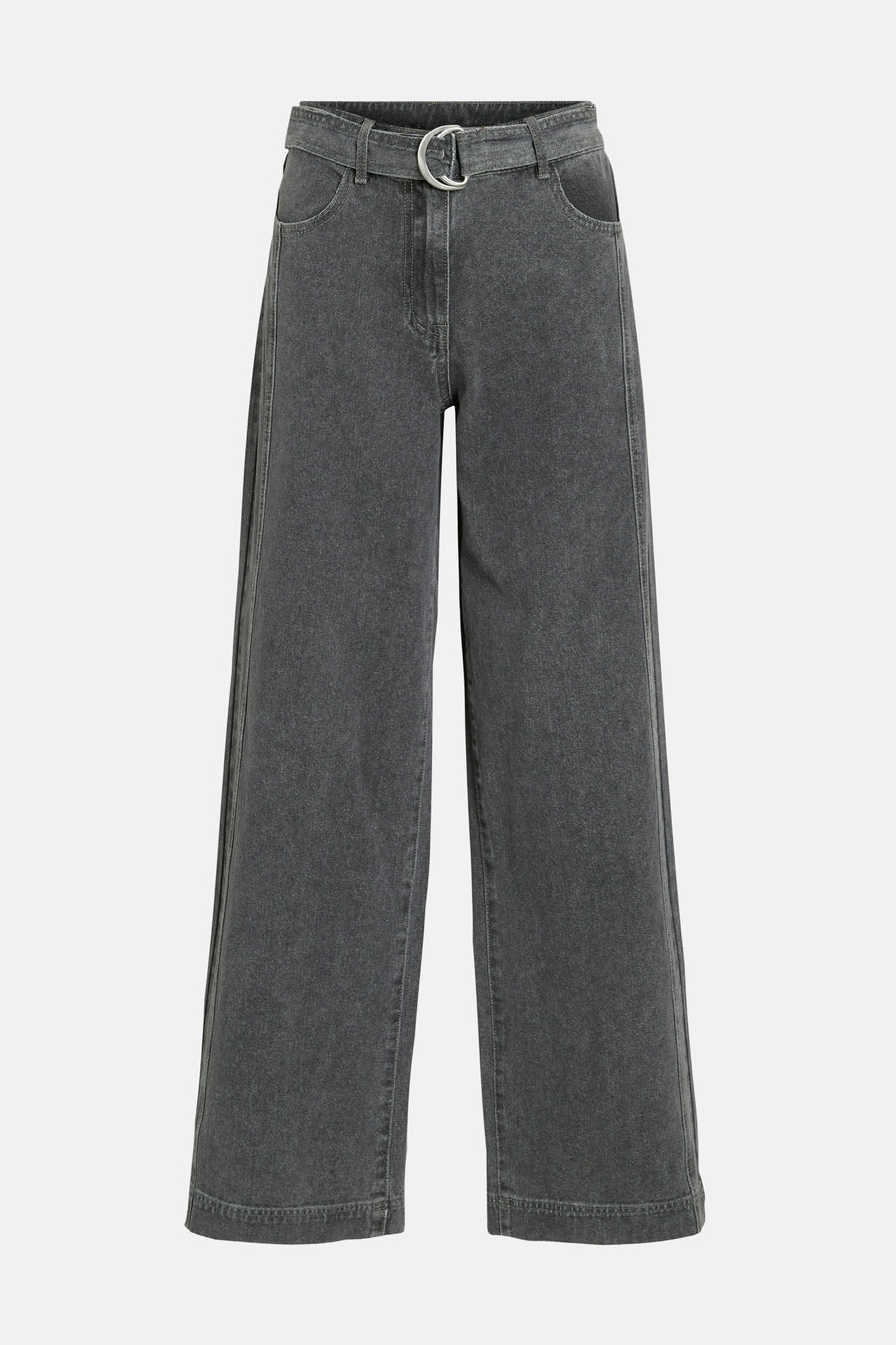 Jean gris à coupe large de ROUGE EDIT, avec ceinture intégrée et boucle argentée.
