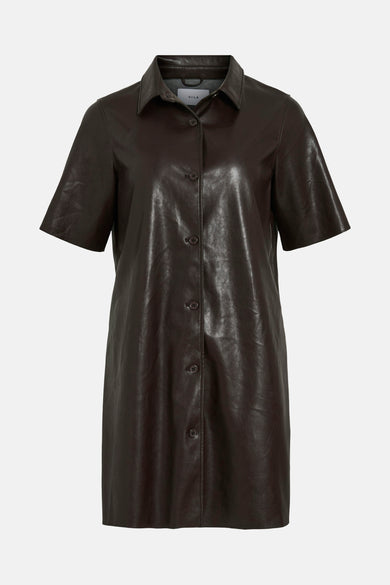 Bruine korte mouw rok van VILA®, rugweergave, met een lederachtige textuur en een shirtkraag.