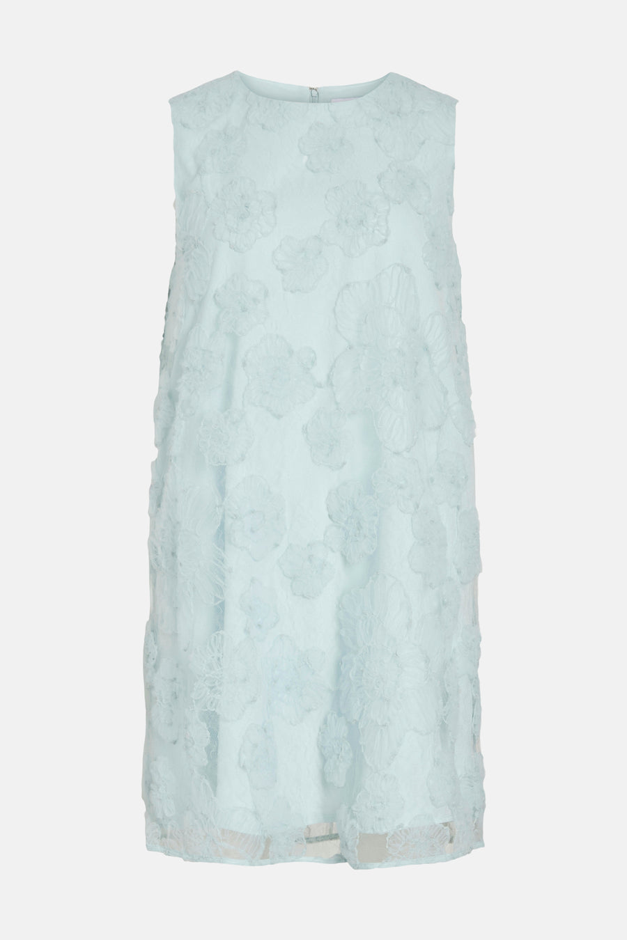Blauwe jurk van VILA met toon-op-toon kanten bloemen, mouwloos.