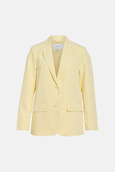 Blazer jaune de VILA, avec fermeture à un bouton, poches passepoilées et coupe droite.
