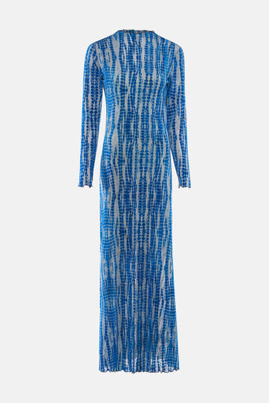 Robe longue bleue à manches longues de ROUGE EDIT, motif tie-dye blanc et bleu.