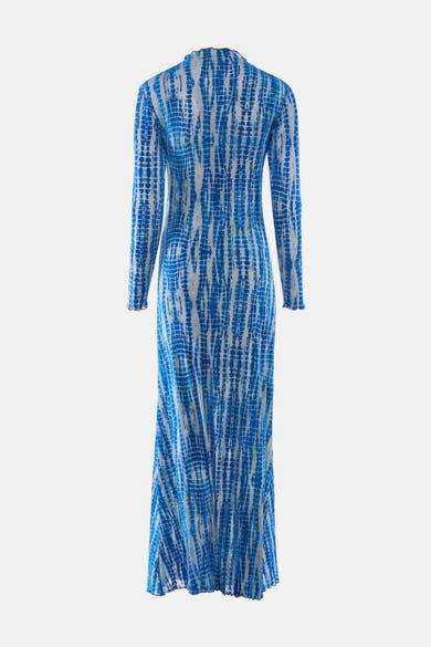 Robe longue bleue à manches longues de ROUGE EDIT, à motif tie-dye texturé blanc et bleu.