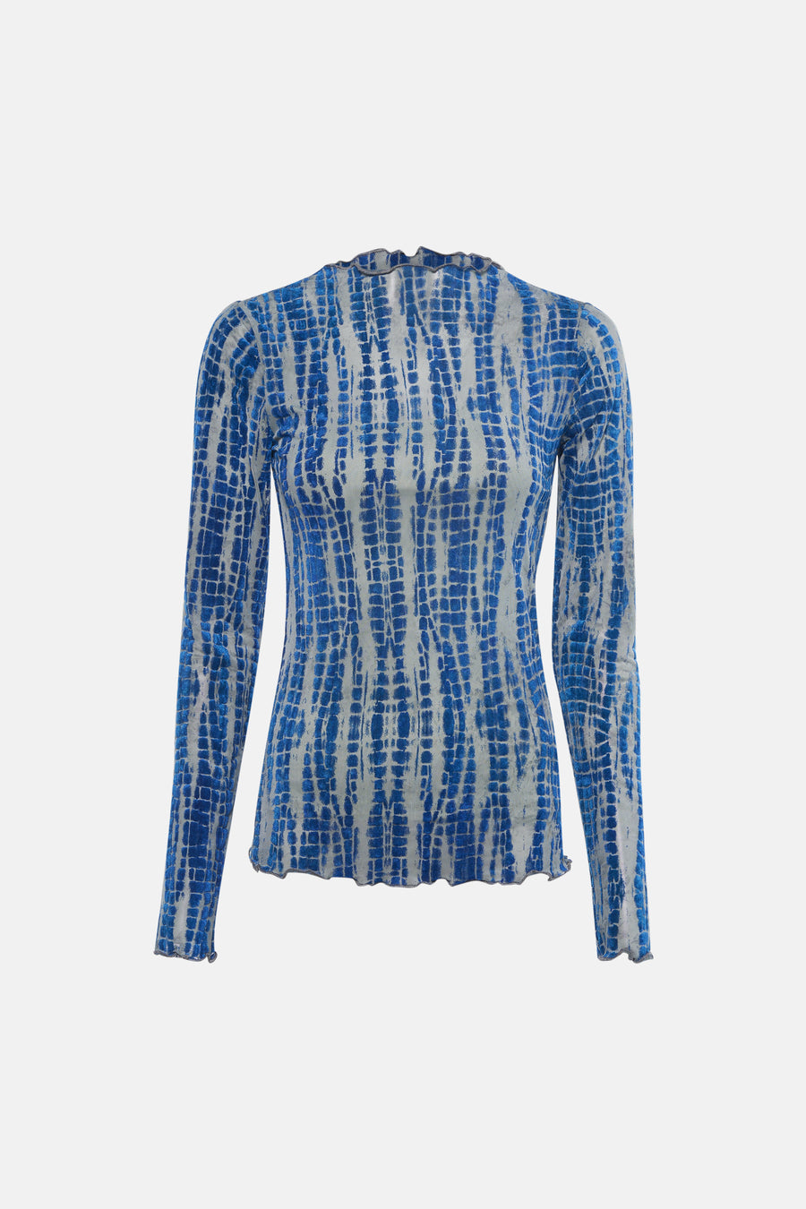 T-shirt à manches longues bleu de ROUGE EDIT, imprimé avec un motif géométrique quadrillé.