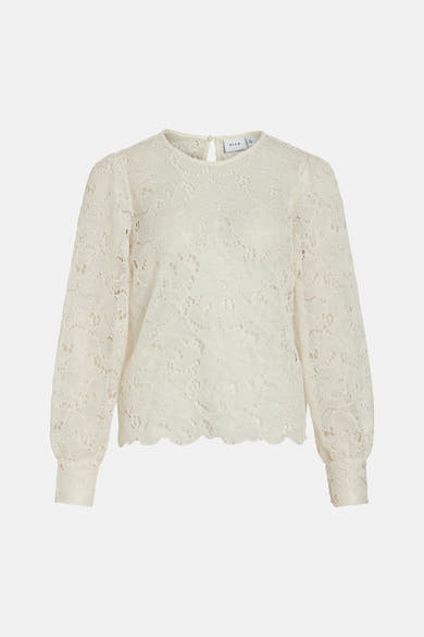 Witte kanten blouse van VILA, met lange pofmouwen en geschulpte rand.