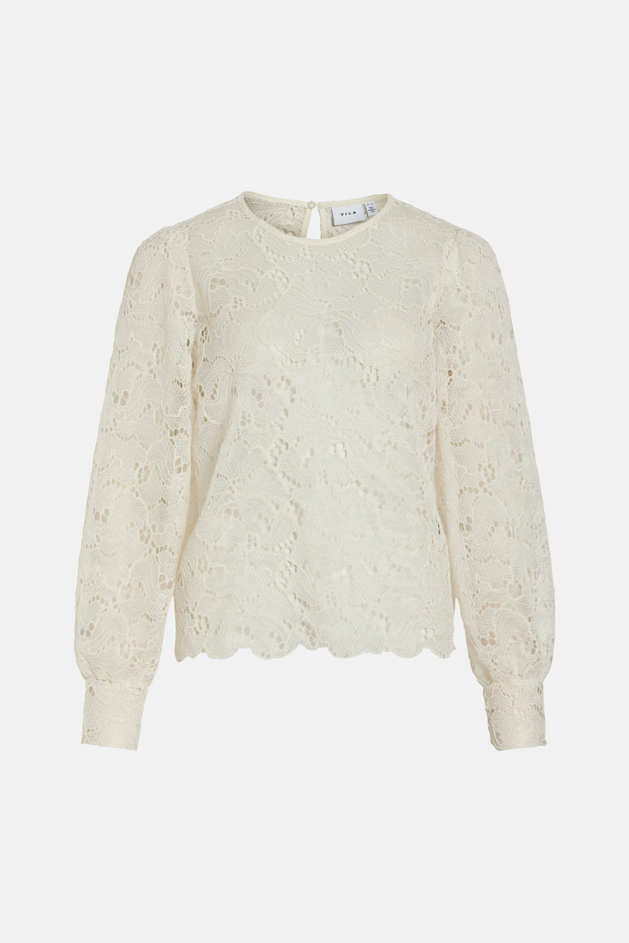 Witte kanten blouse van VILA, met lange pofmouwen en geschulpte rand.