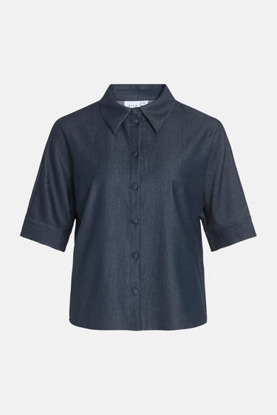 Chemise en jean bleue à manches courtes de VILA® avec col, patte de boutonnage et poignets retroussés.