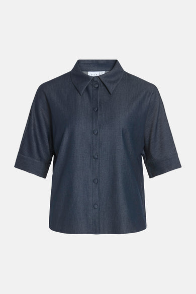 Chemise en jean bleue à manches courtes de VILA® avec col, patte de boutonnage et poignets retroussés.