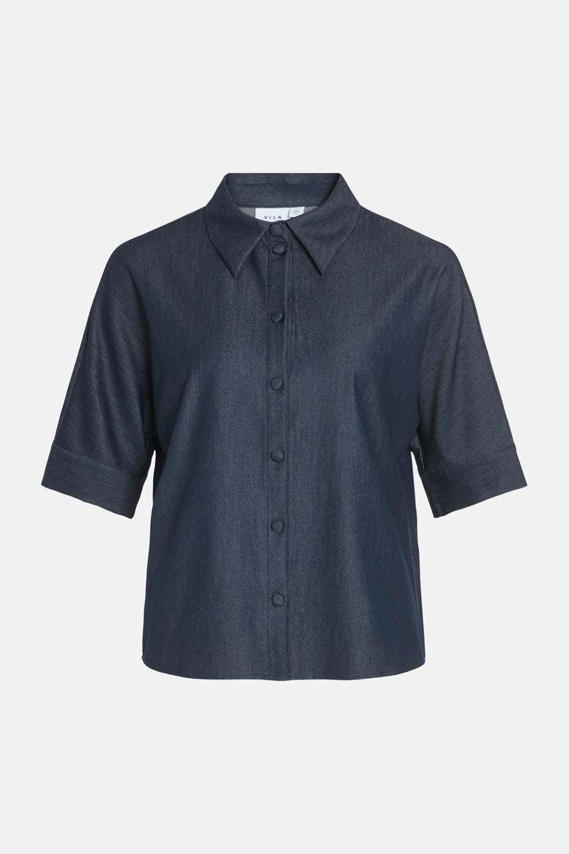 Chemise en jean bleue à manches courtes de VILA® avec col, patte de boutonnage et poignets retroussés.
