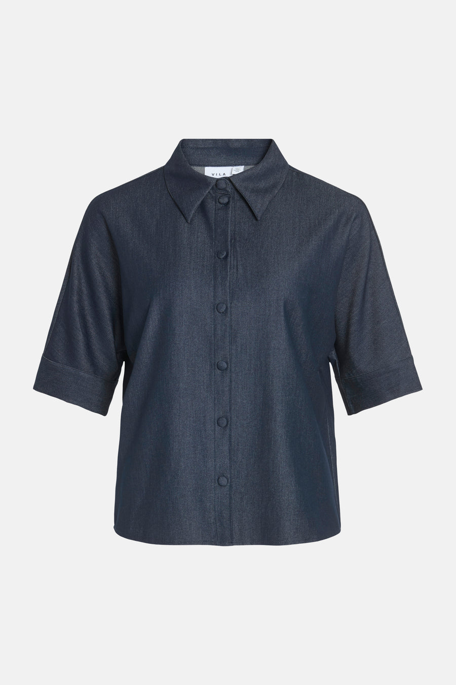 Chemise en jean bleue à manches courtes de VILA® avec col, patte de boutonnage et poignets retroussés.