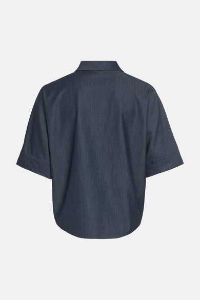 Chemise bleu foncé en denim à manches courtes de VILA®, vue de dos avec col classique.