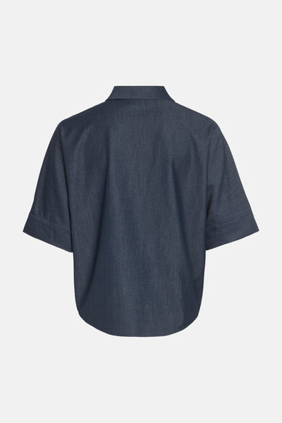Chemise bleu foncé en denim à manches courtes de VILA®, vue de dos avec col classique.