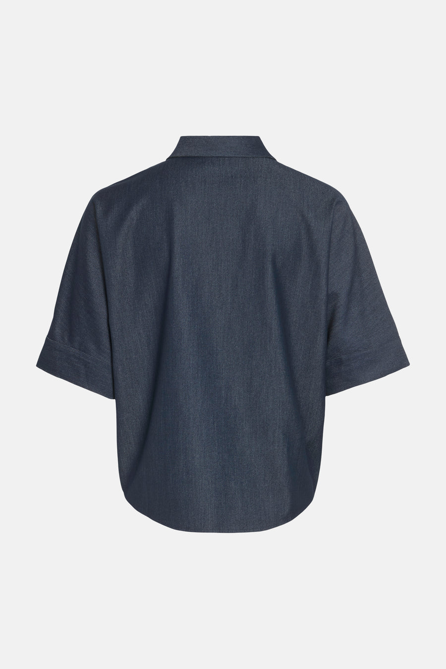 Chemise bleu foncé en denim à manches courtes de VILA®, vue de dos avec col classique.