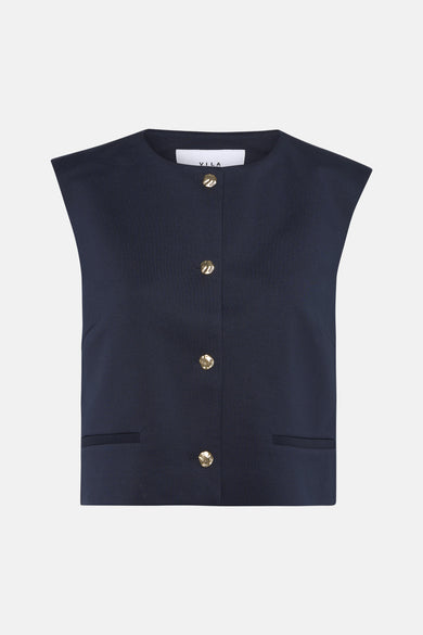 Blazer bleu marine par VILA®, avec une fermeture boutonnée dorée et de fausses poches passepoilées.